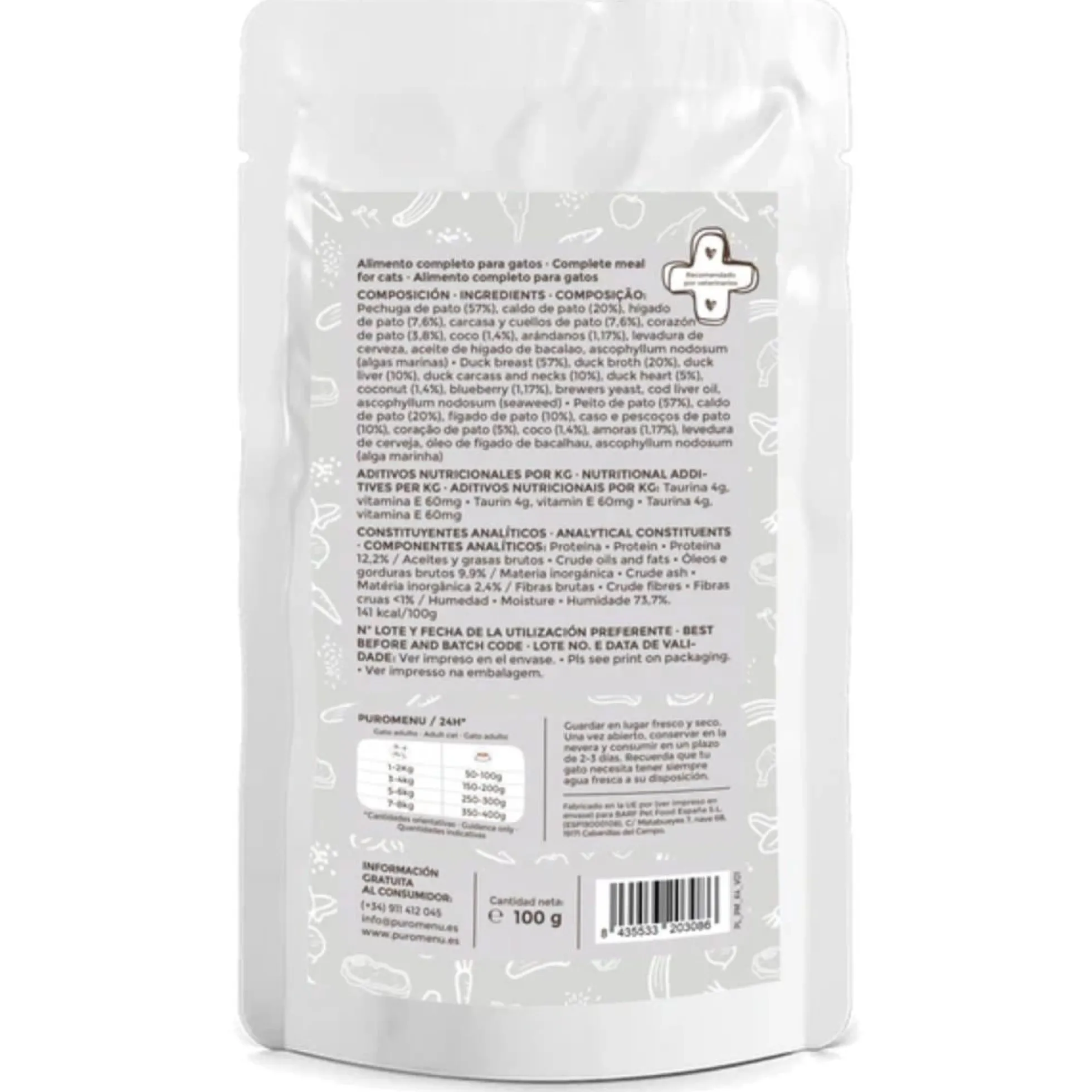 Comida húmeda Barf gatos Ronroneos sin fin (Pato) BIO Puromenu100 g