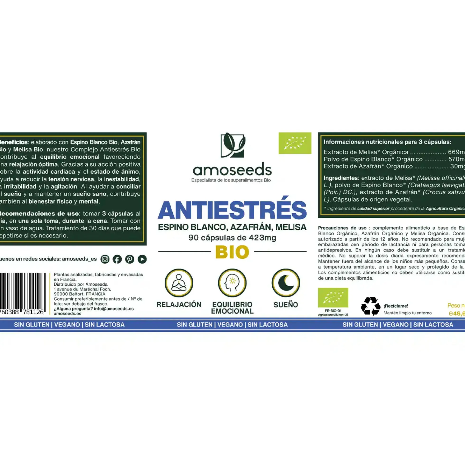 Complejo Antiestrés Bio, Espino Blanco, Azafrán, Melisa | 90 Cápsulas