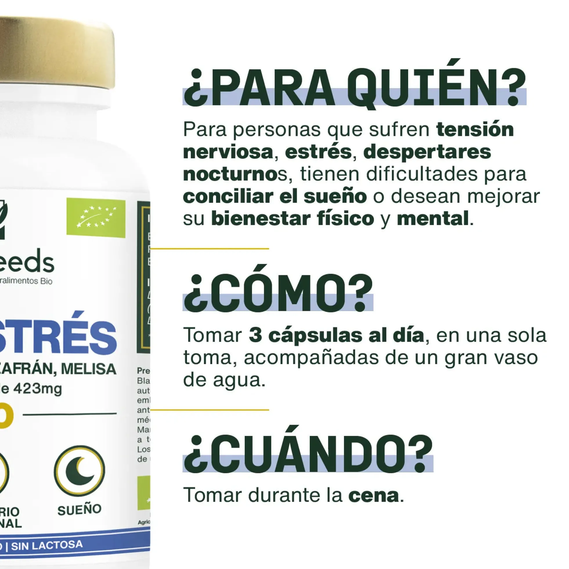 Complejo Antiestrés Bio, Espino Blanco, Azafrán, Melisa | 90 Cápsulas