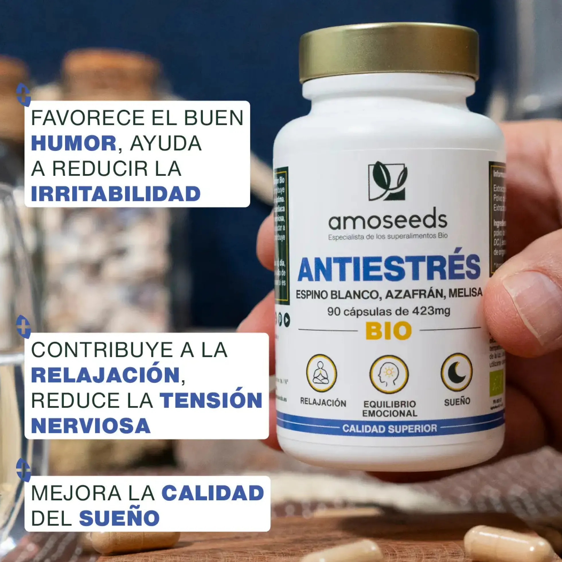 Complejo Antiestrés Bio, Espino Blanco, Azafrán, Melisa | 90 Cápsulas