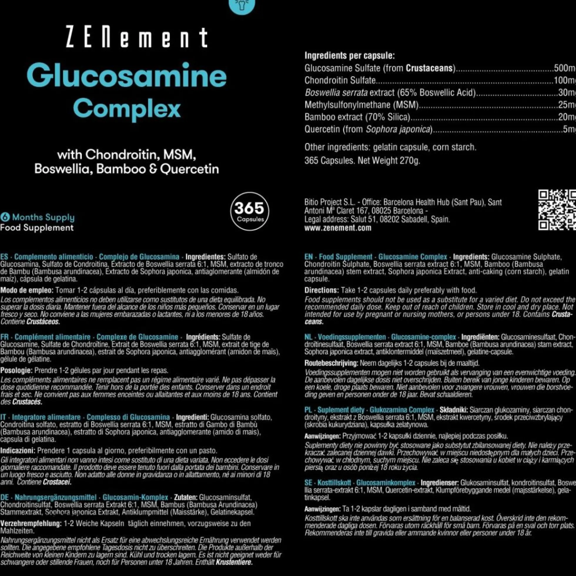Complejo de Glucosamina con condroitina + MSM + boswellia + quercetina Zenemet, 365 comprimidos