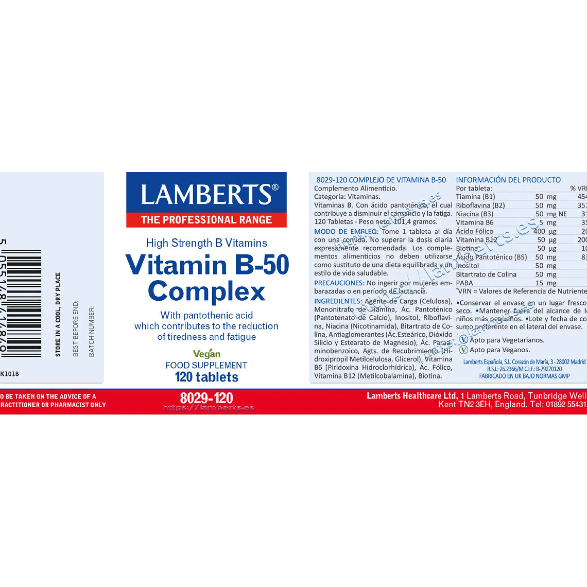 Complejo de Vitaminas B-50 Lamberts 120 tabletas