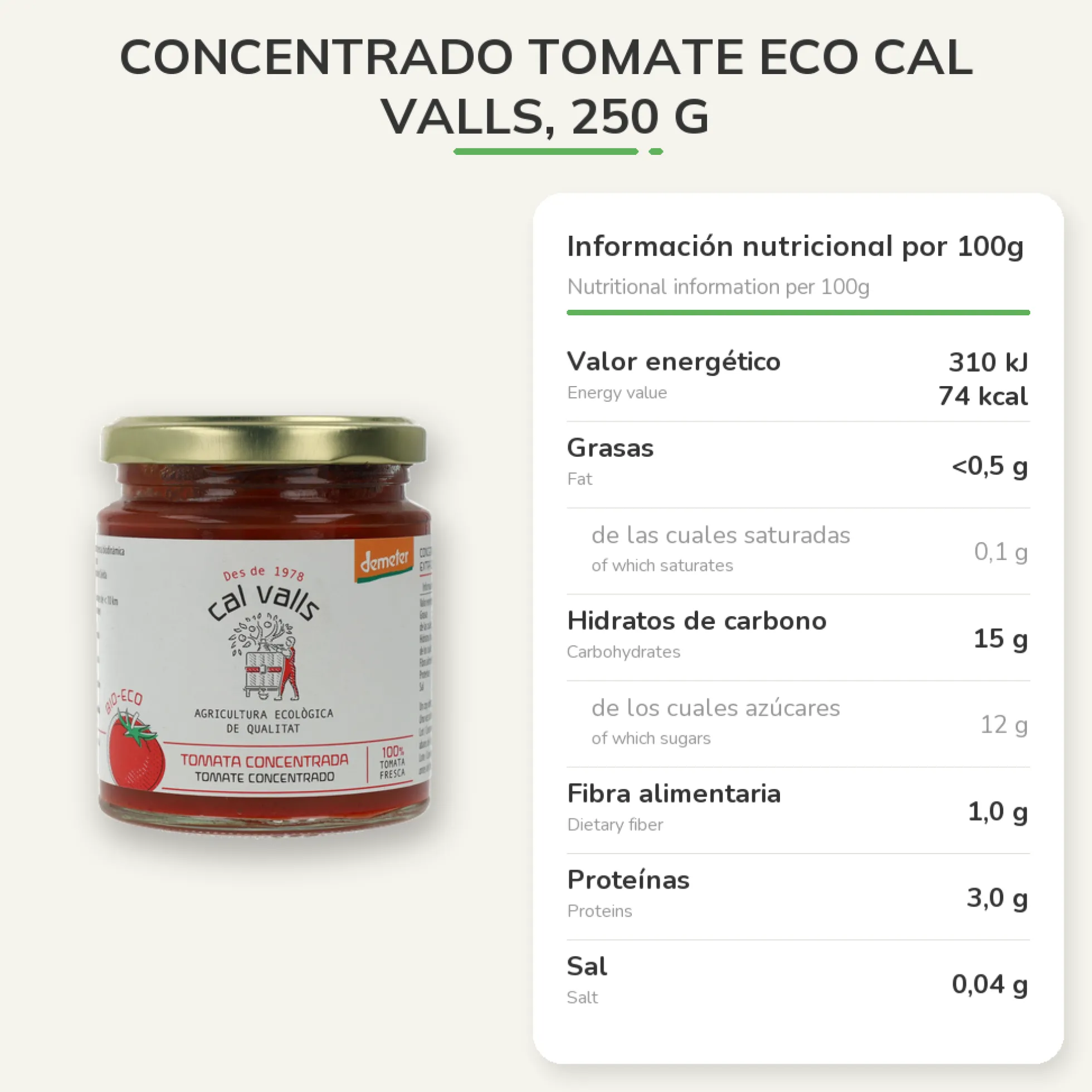 Concentrado tomate ECO Cal Valls, 250 g