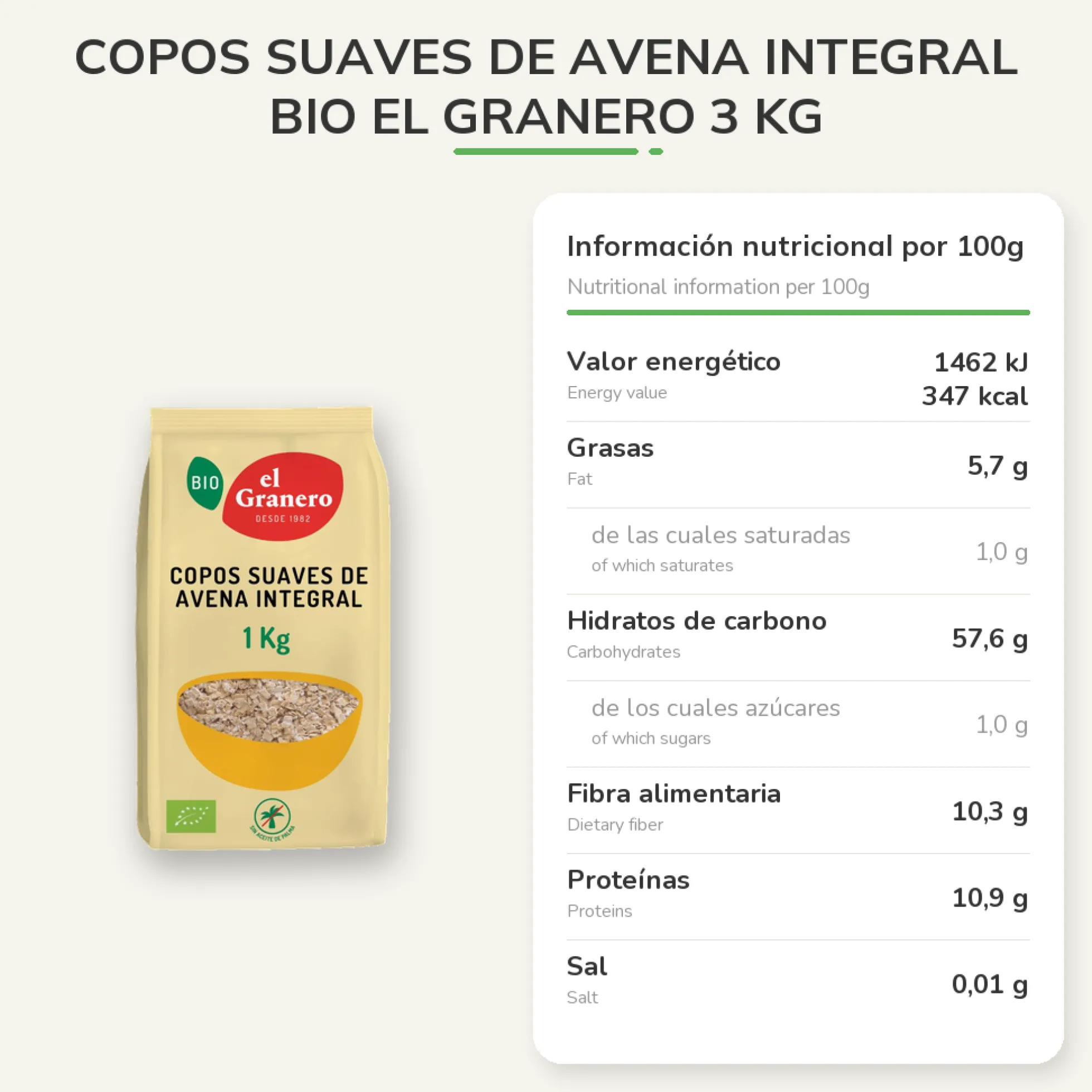 Copos Suaves de Avena Integral BIO El Granero 3 kg