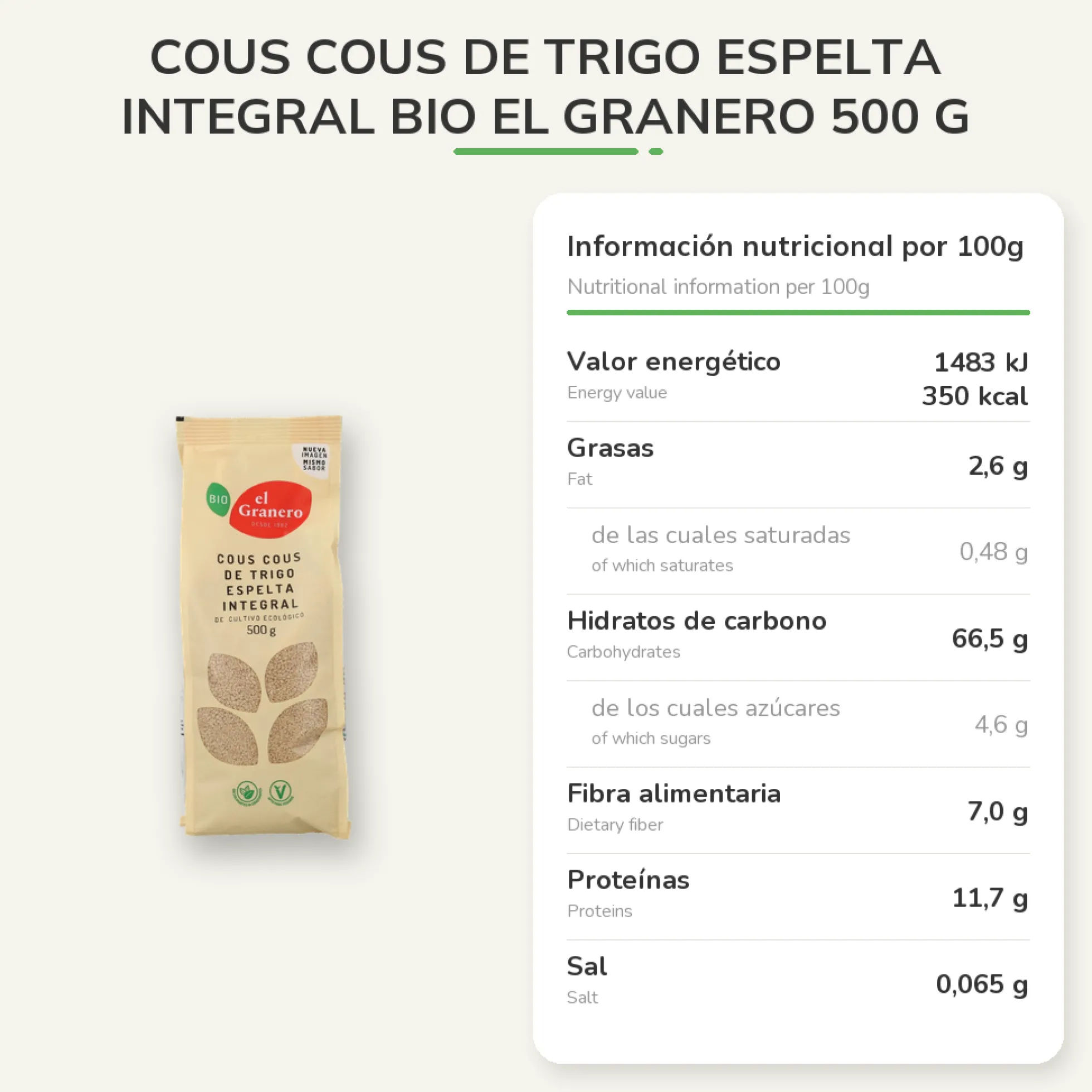 Cous Cous de Trigo Espelta Integral Bio El Granero 500 g