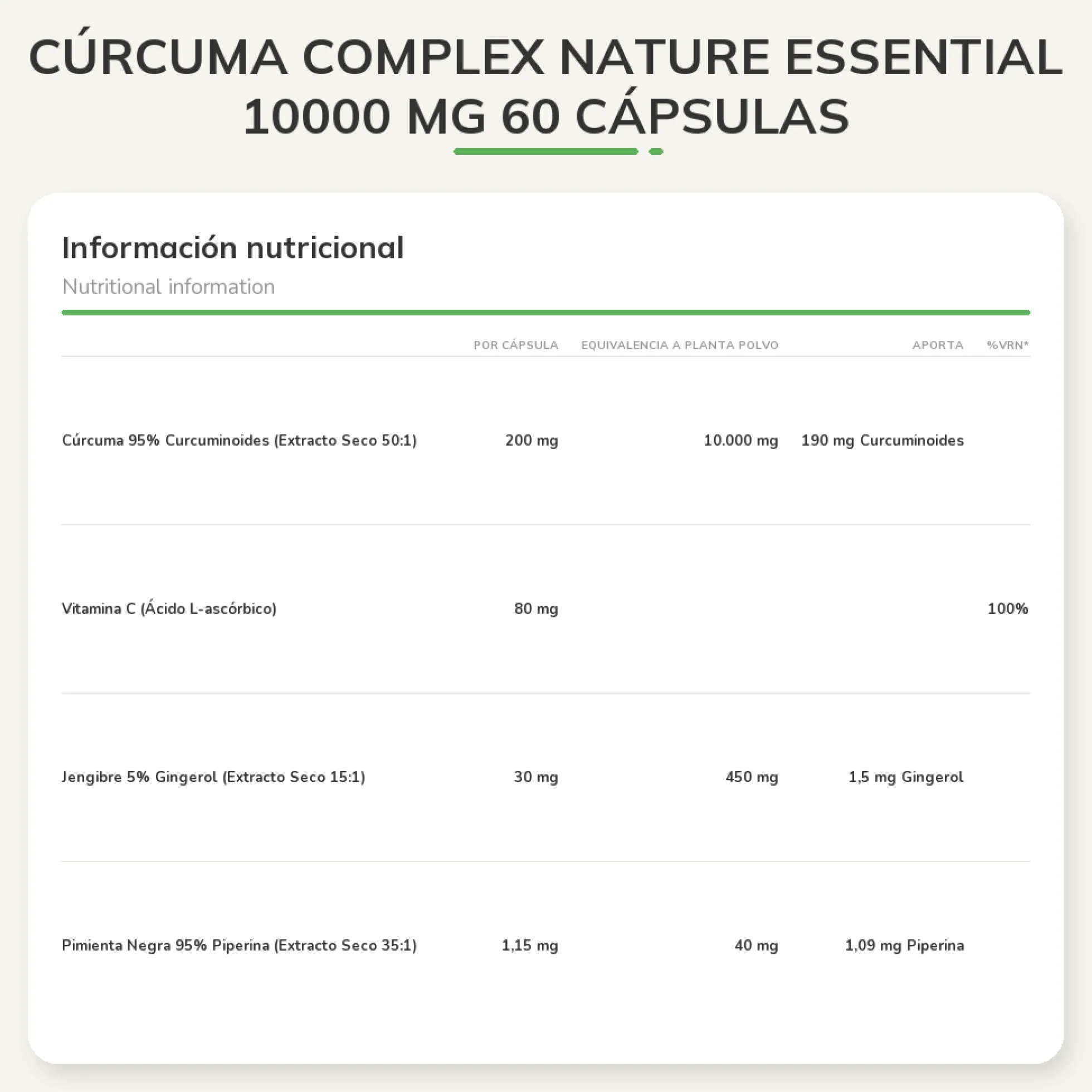 Cúrcuma complex Nature Essential 10000 mg, 60 cápsulas