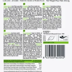 Cúrcuma Ecológica con Jengibre, Pimienta Negra y Probióticos, 250 cápsulas. Aldous Bio