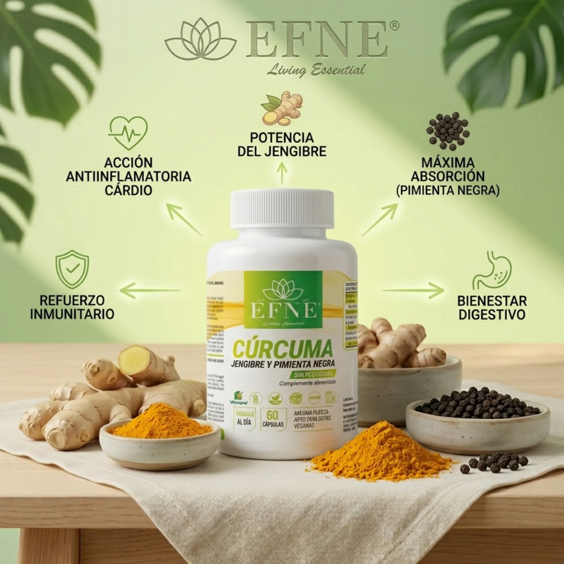Cúrcuma + Jengibre + Pimienta Negra Efne — 60 Cápsulas