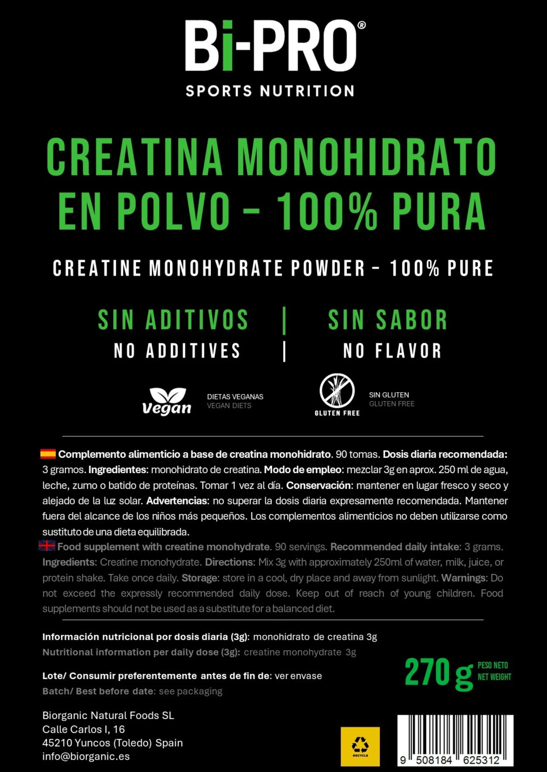 Creatina Monohidrato micronizada 270g 100% pura