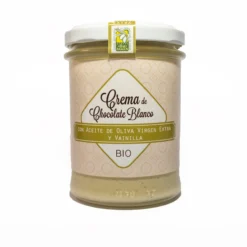 Crema Bio de chocolate blanco para untar. Con A.o.v.e variedad empeltre y vainilla