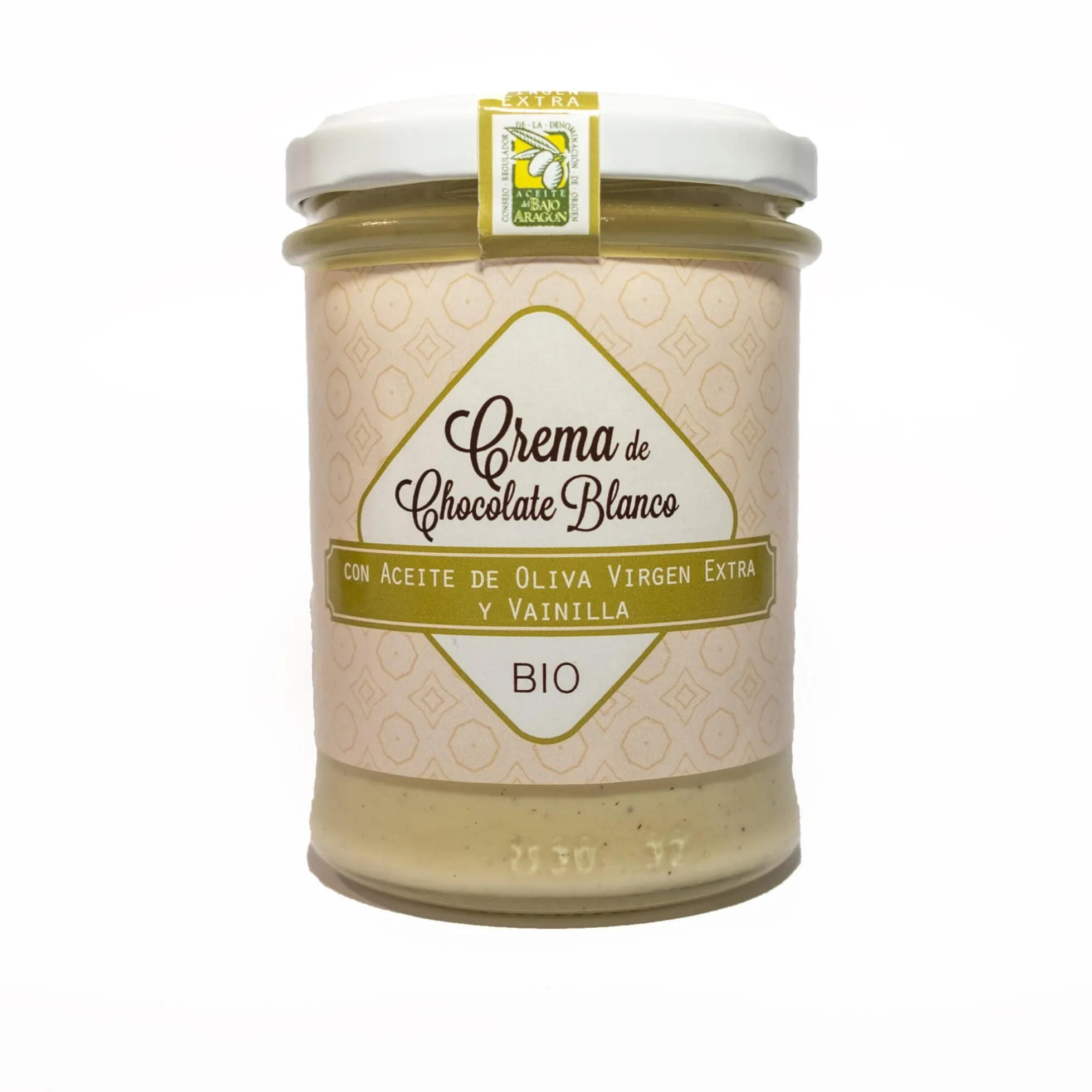 Crema Bio de chocolate blanco para untar. Con A.o.v.e variedad empeltre y vainilla