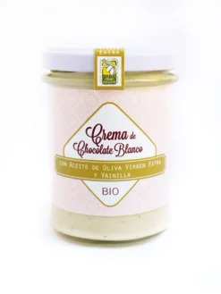 Crema Bio de chocolate blanco para untar. Con A.o.v.e variedad empeltre y vainilla