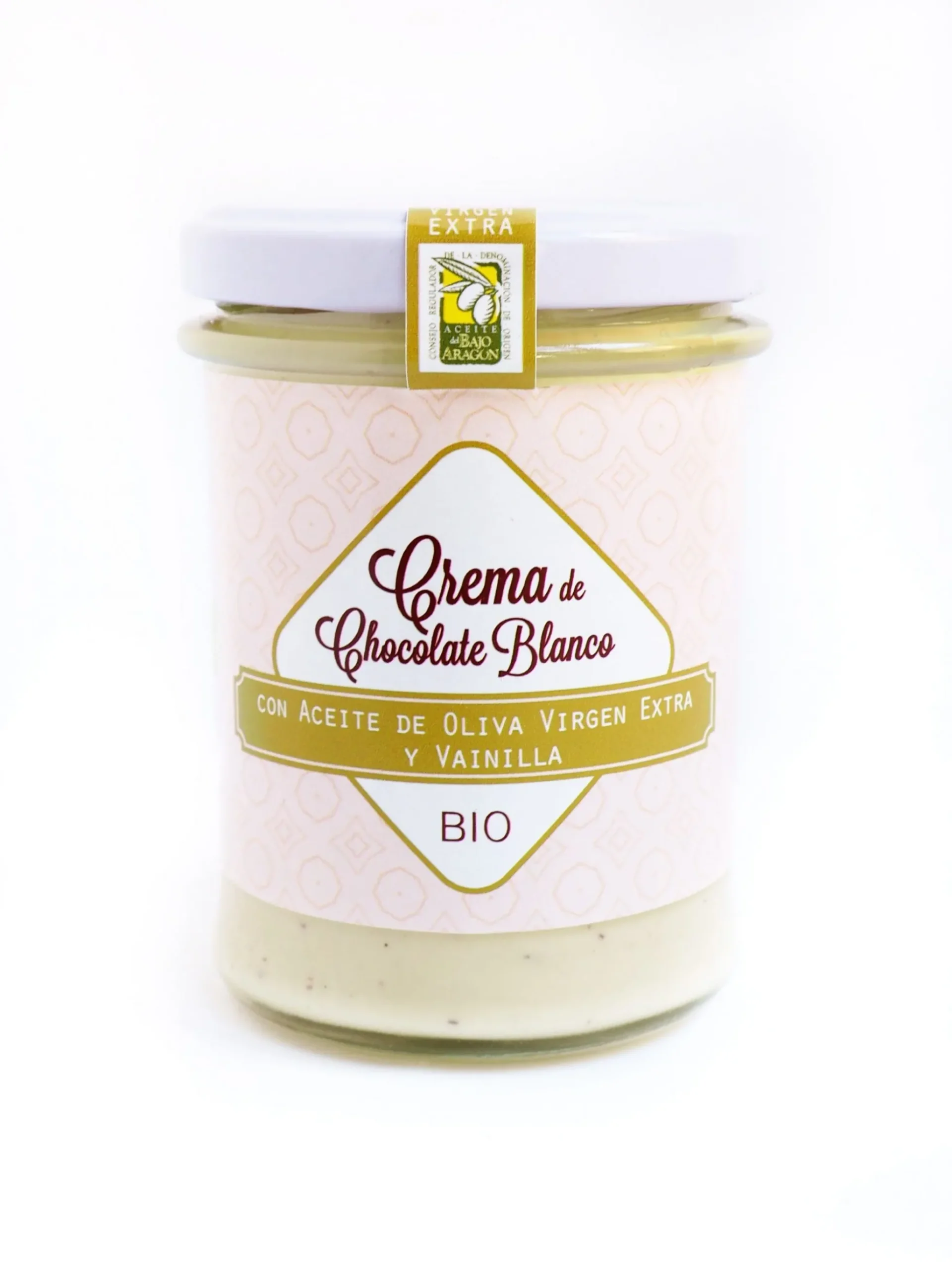 Crema Bio de chocolate blanco para untar. Con A.o.v.e variedad empeltre y vainilla
