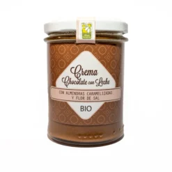 Crema Bio de chocolate con leche, almendras caramelizadas y flor de sal, 200 G. con aceite de oliva virgen extra.