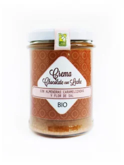 Crema Bio de chocolate con leche, almendras caramelizadas y flor de sal, 200 G. con aceite de oliva virgen extra.