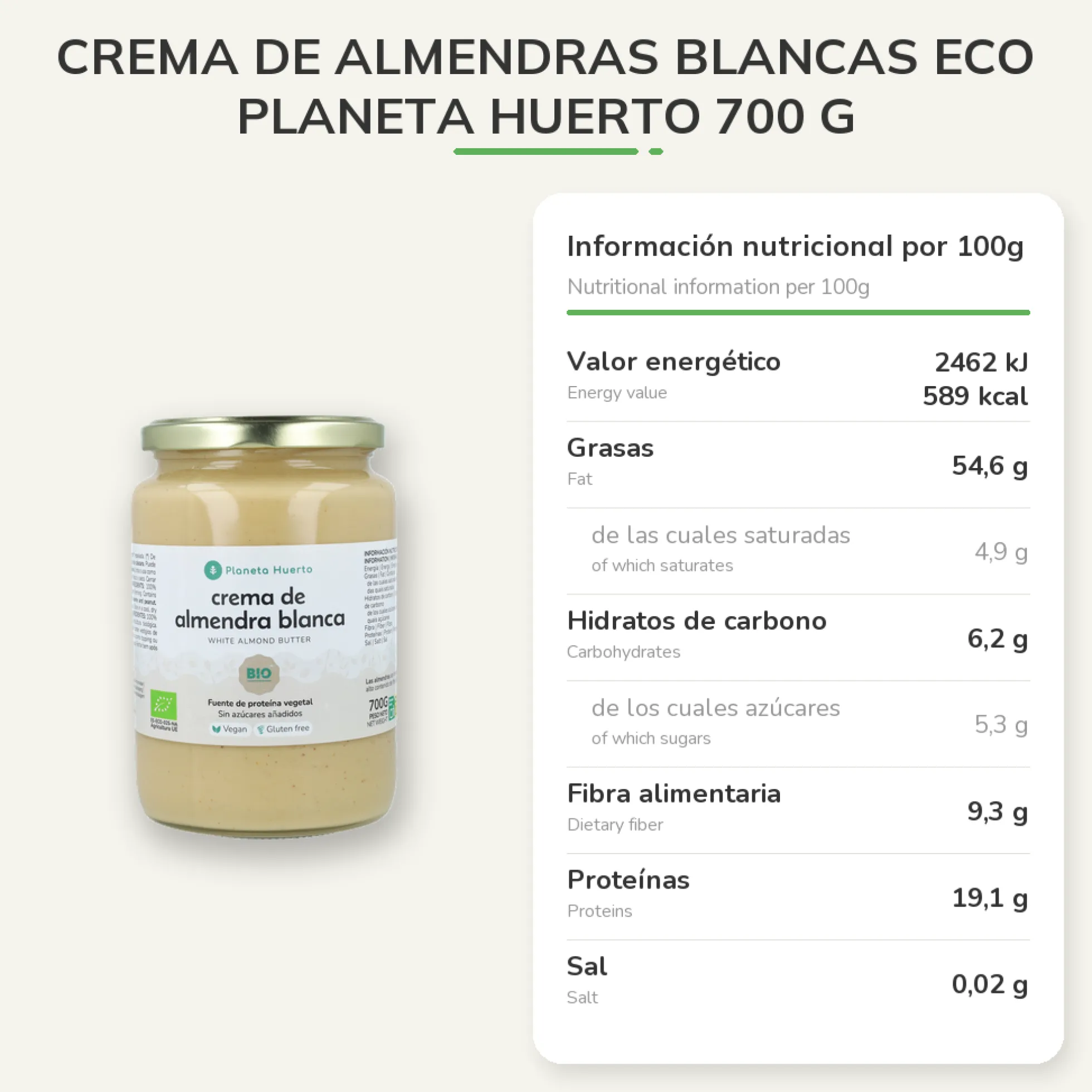 Crema de Almendras Blancas ECO Planeta Huerto 700 g