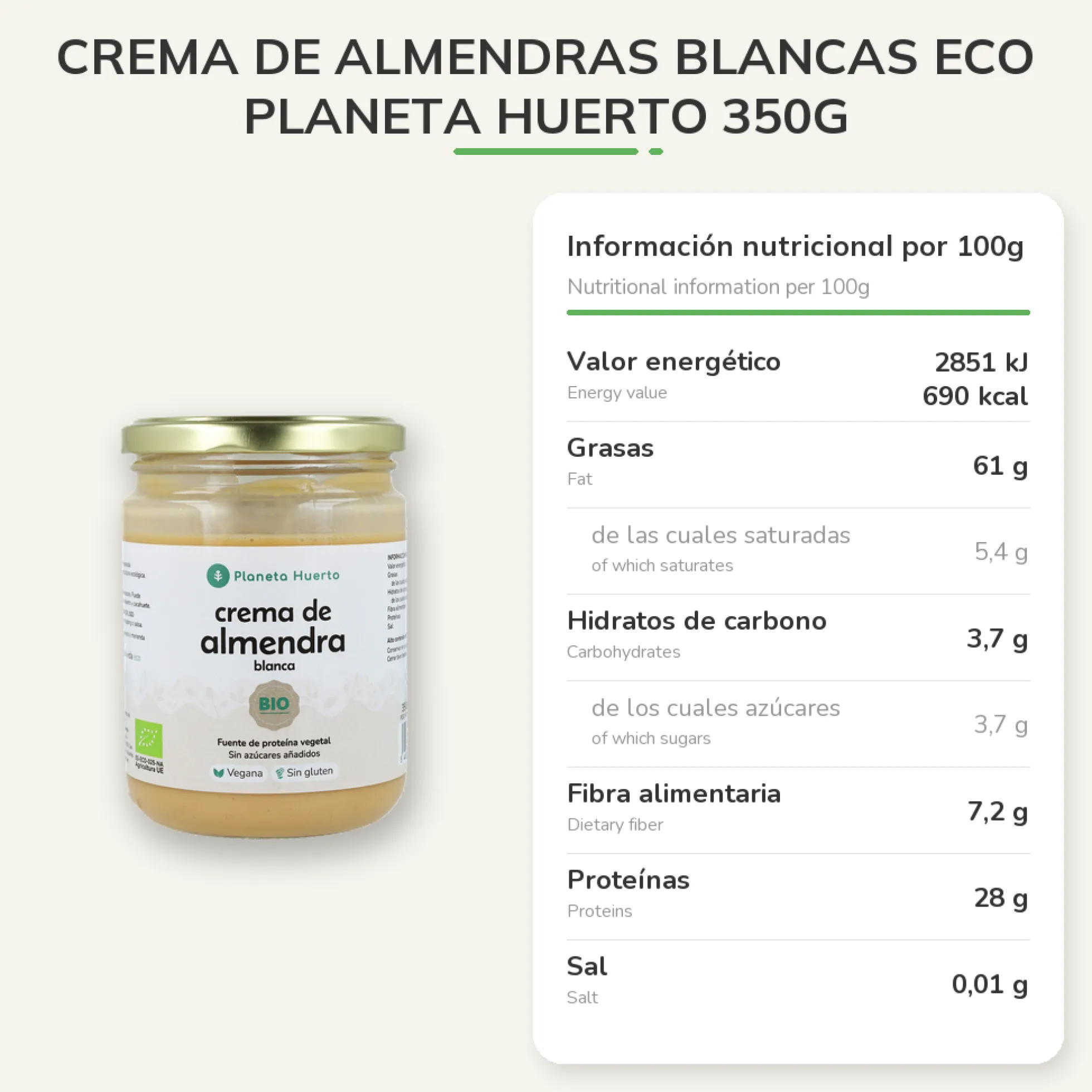 Crema de Almendras Blancas ECO Planeta Huerto 350g