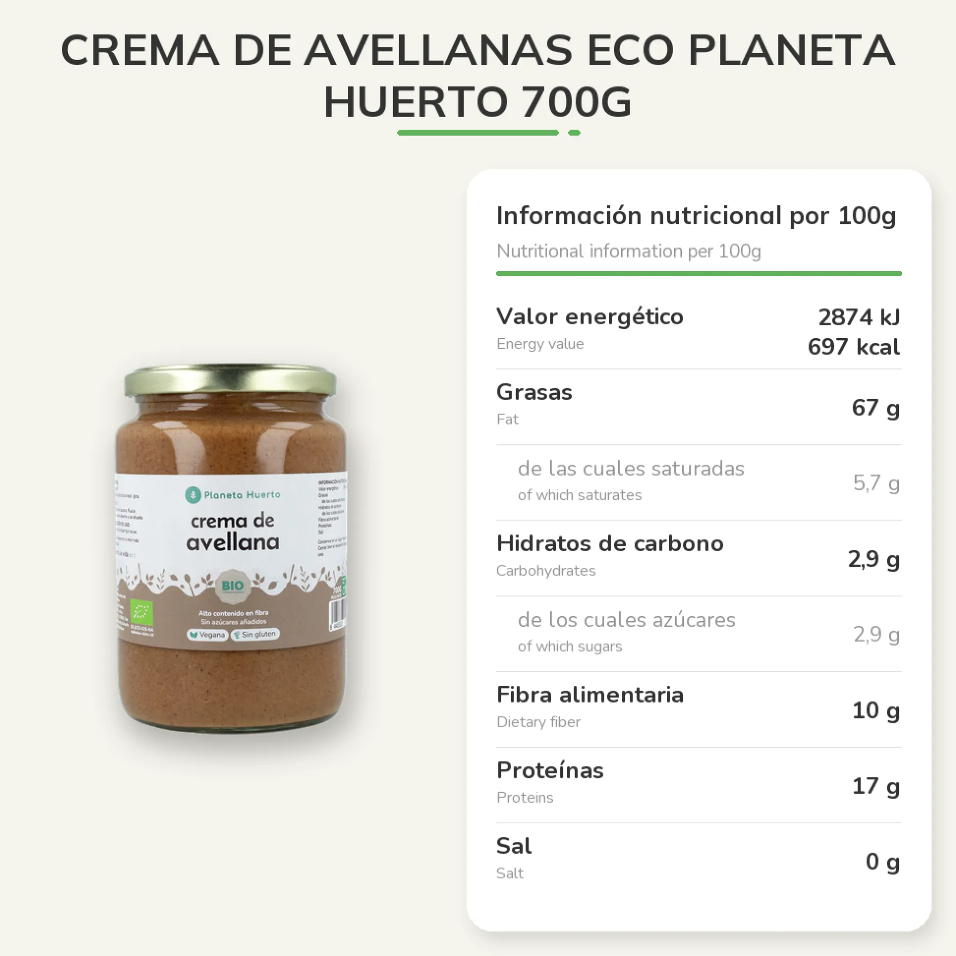Crema de Avellanas ECO Planeta Huerto 700g