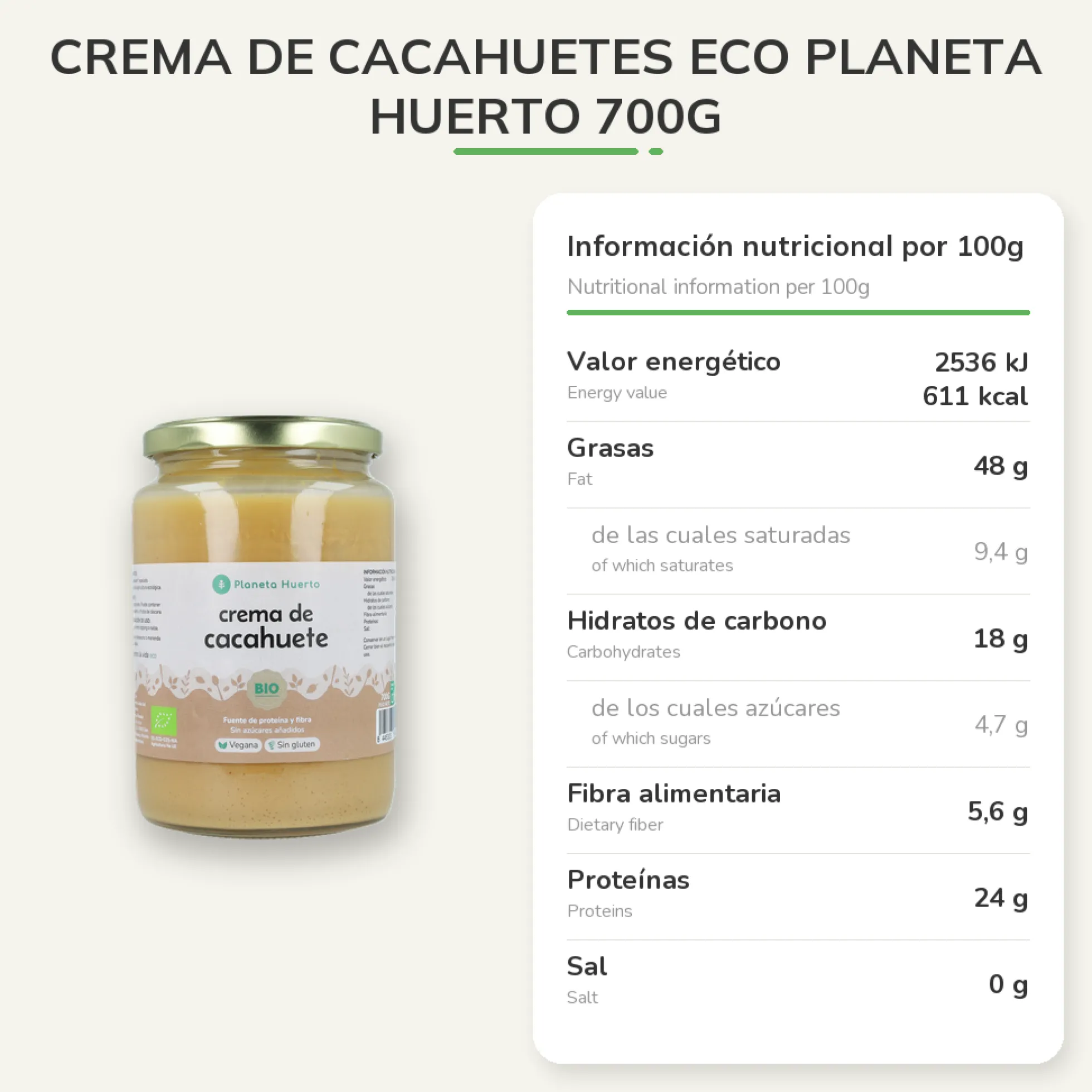 Crema de Cacahuetes ECO Planeta Huerto 700g