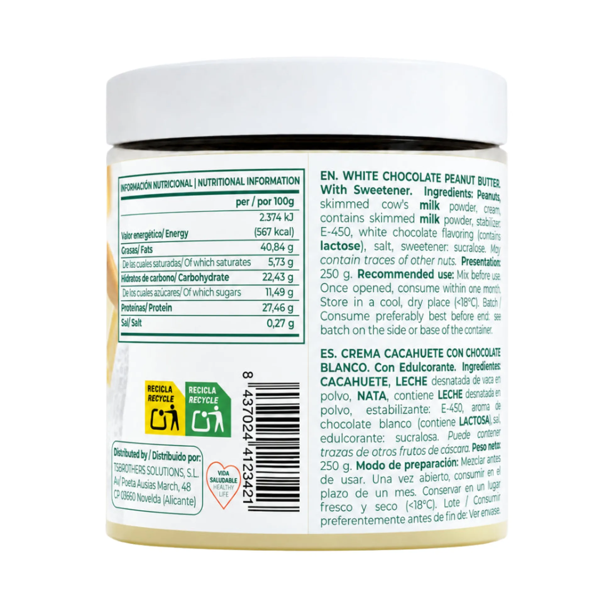 Crema de Cacahuete Tostado con Chocolate Blanco Torafood 250 gr