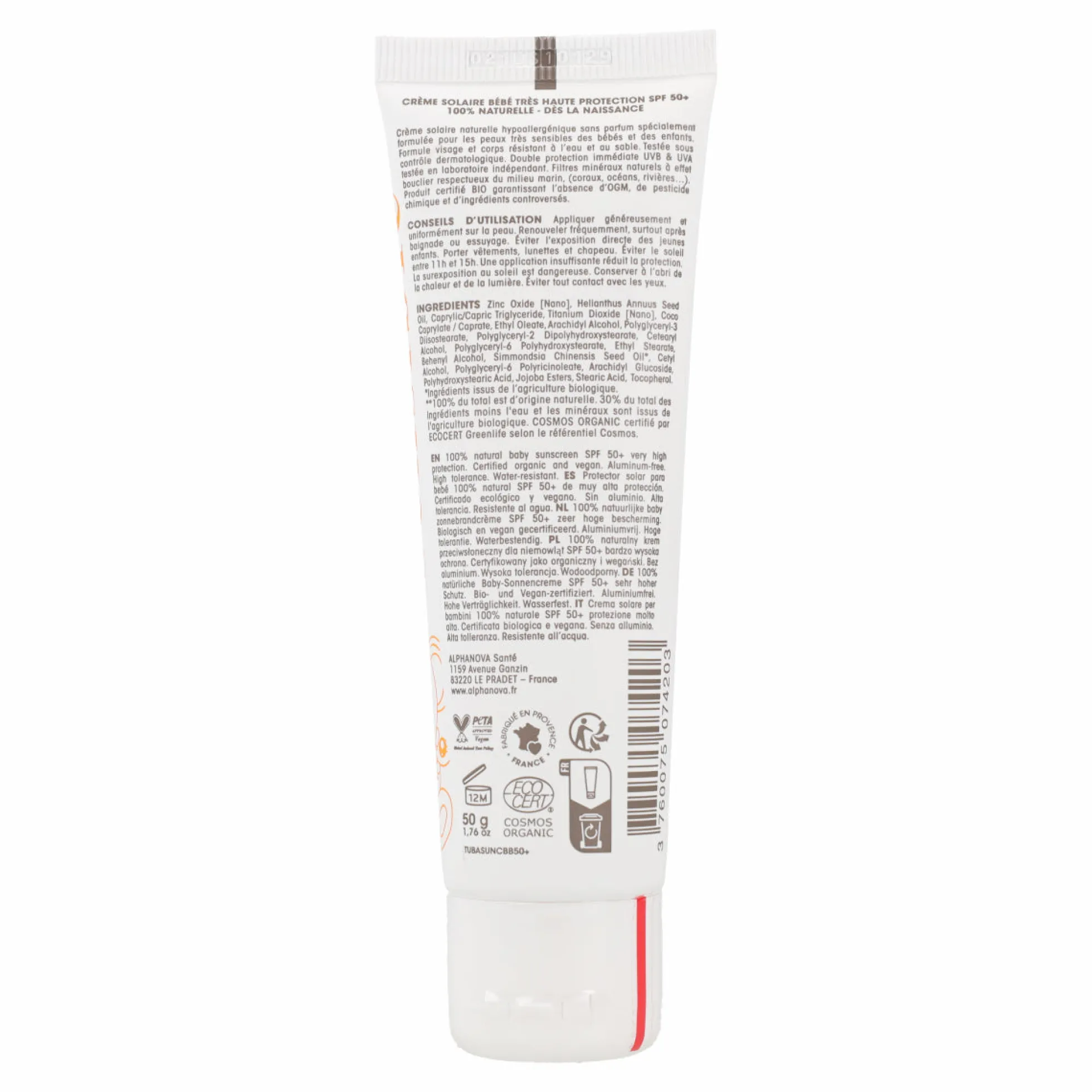 Crema solar bebé bio FPS 50+ Alphanova 50 ml
