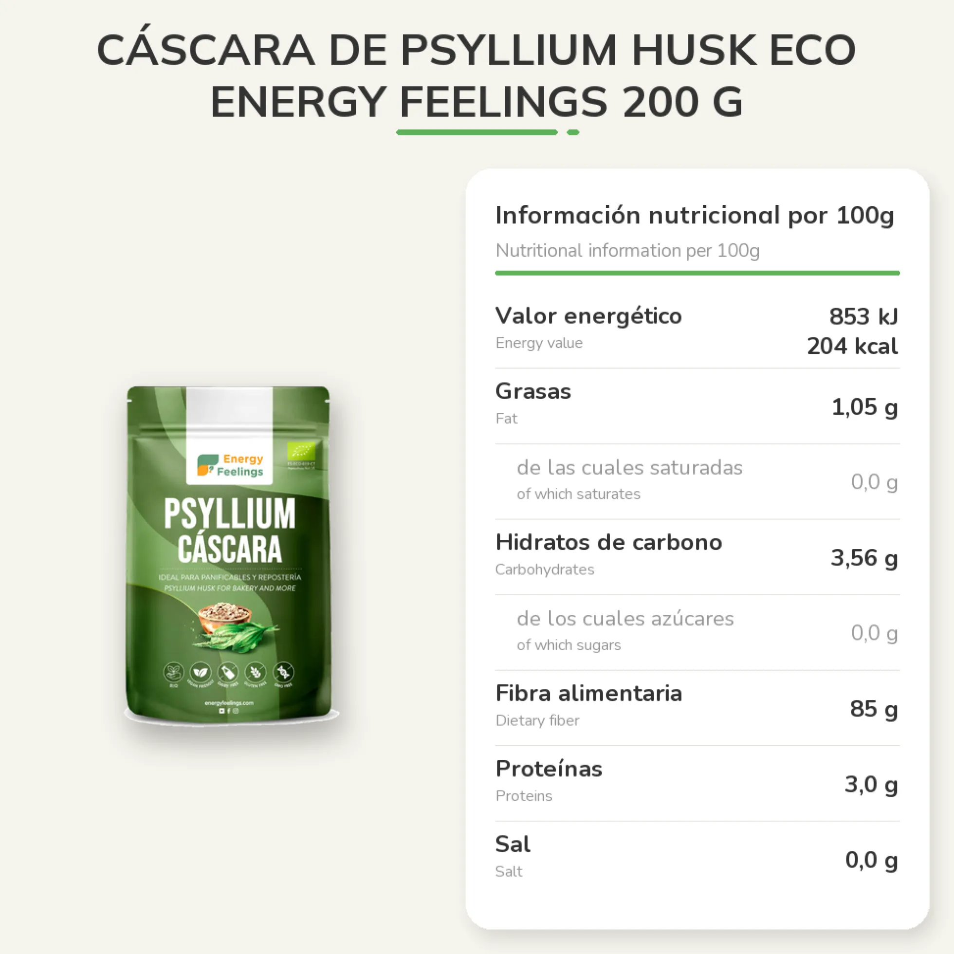 Cáscara de Psyllium Husk ECO Energy Feelings 200 g