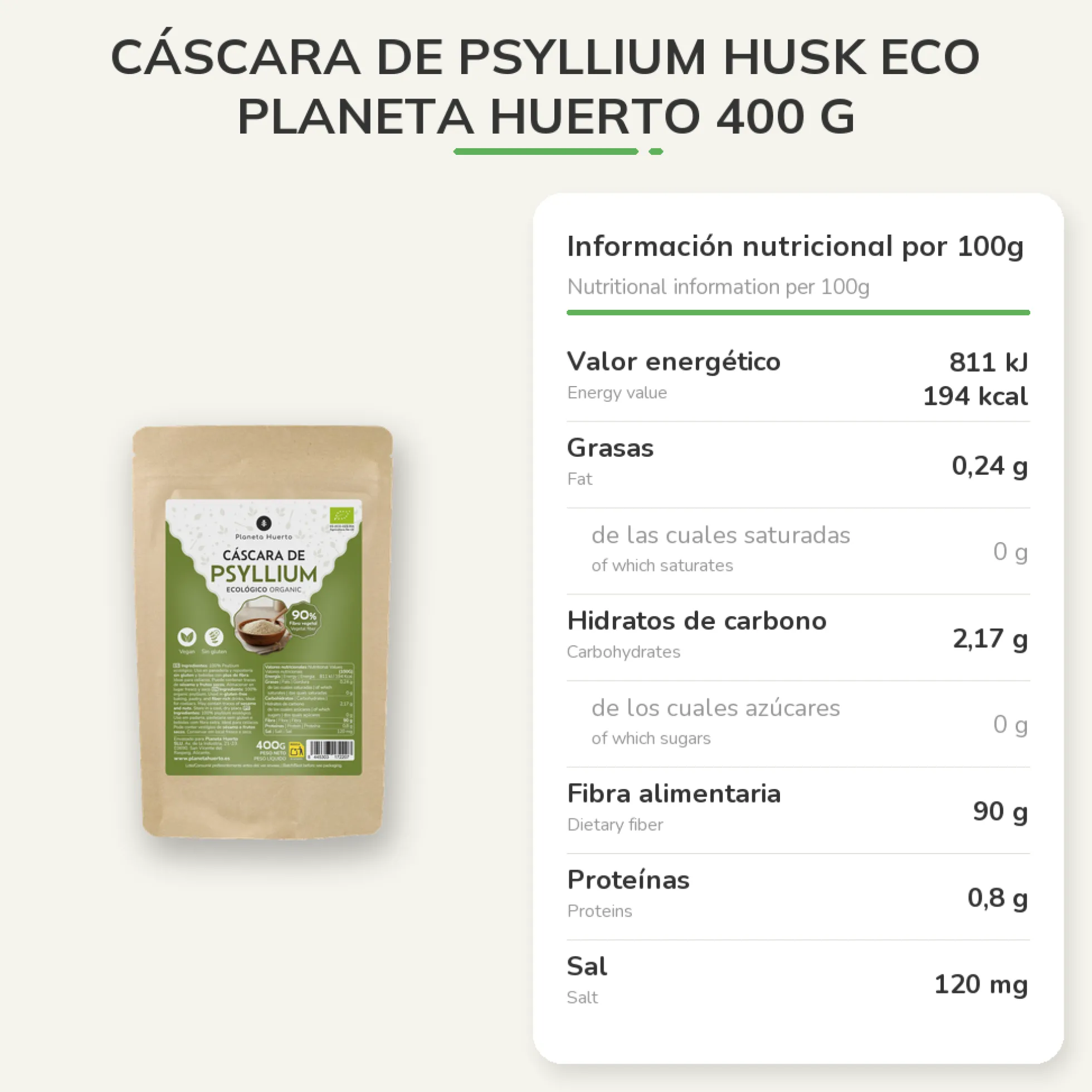 Cáscara de Psyllium Husk ECO Planeta Huerto 400 g