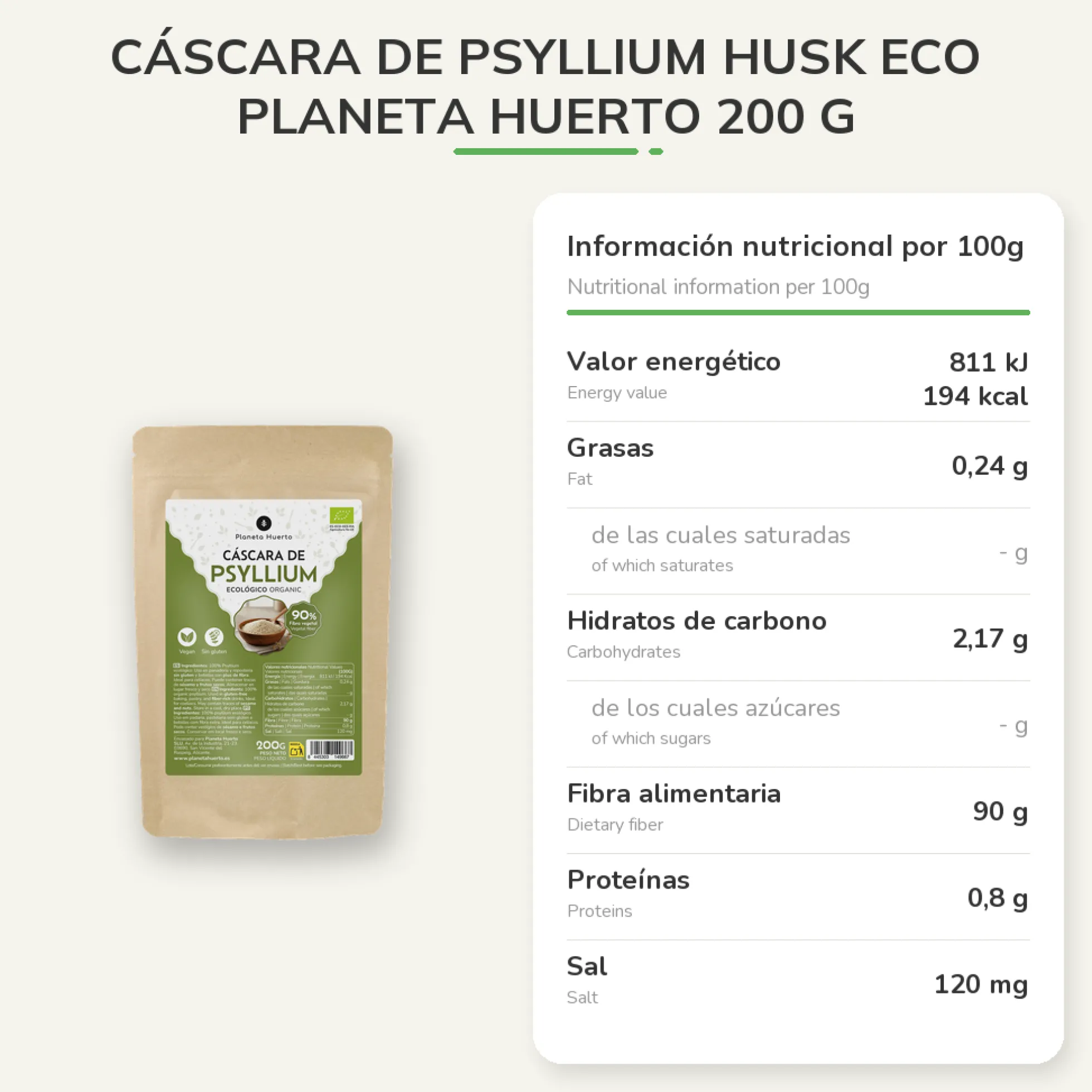 Cáscara de Psyllium Husk ECO Planeta Huerto 200 g