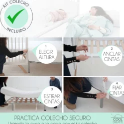 Cuna Colecho De Bebé Indi Estilo Nórdico 120x60 Cm, Con Kit Colecho, 4 Ruedas Y Kit De Barandillas Para Cama Infantil