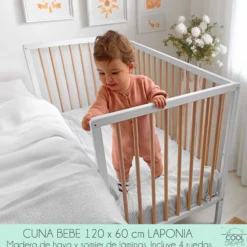 Cuna Colecho De Bebé Laponia Color Natural 120x60 Cm Madera De Haya, 3 Alturas De Somier Y 4 Ruedas Con Freno
