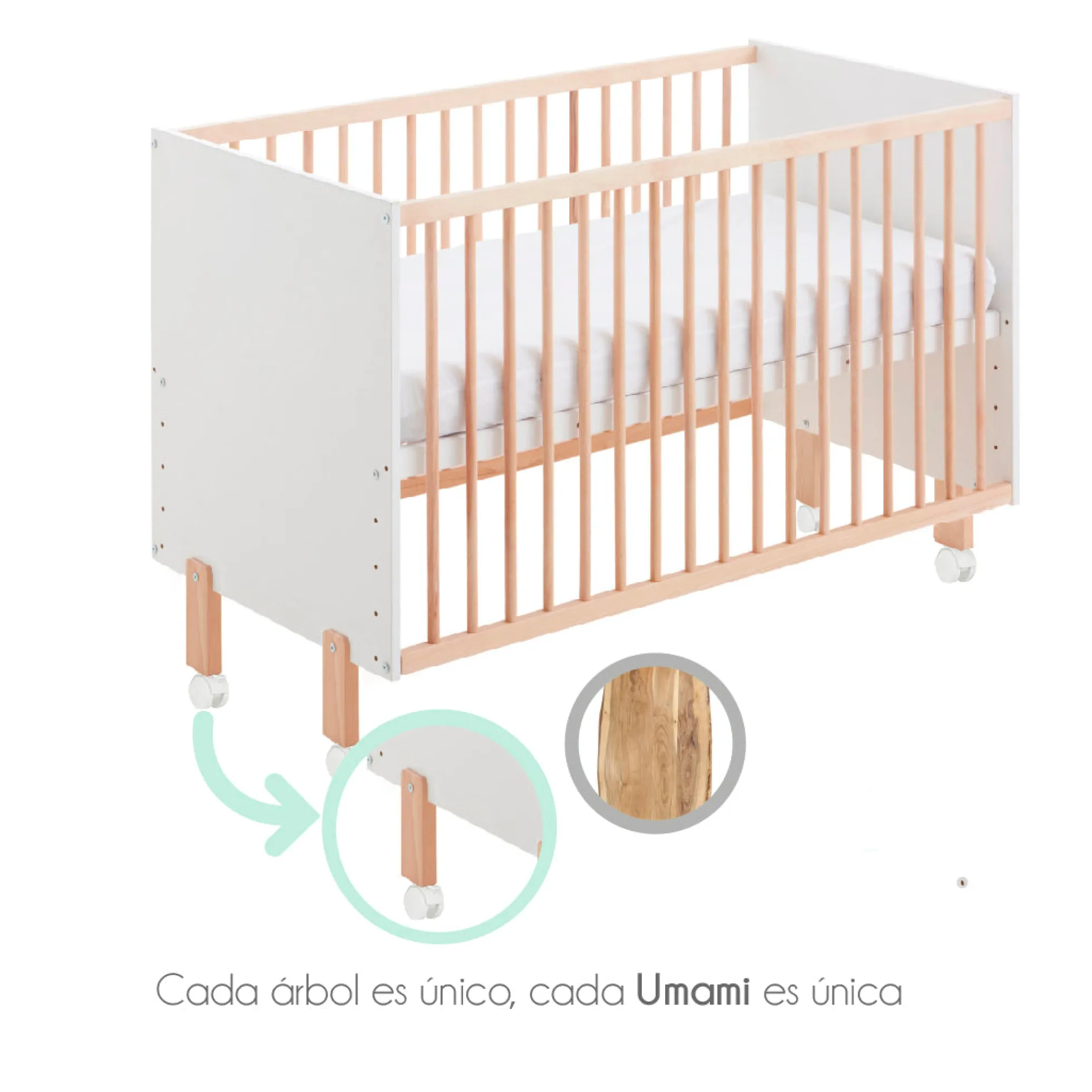 Cuna Convertible En Cama Umami Estilo Nórdico Infantil, Con Ruedas, Kit Colecho Y Barandillas De Seguridad