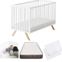 Cuna De Bebé Nuru Estilo Nórdico Infantil, Con Kit Colecho, Colchón Morfeo Y Ropa De Cama 100% Algodón
