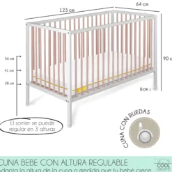 Cuna Laponia Estilo Nórdico Infantil Natural 120x60 Cm Madera De Haya Con Colchón Ternum Y 4 Ruedas Con Freno
