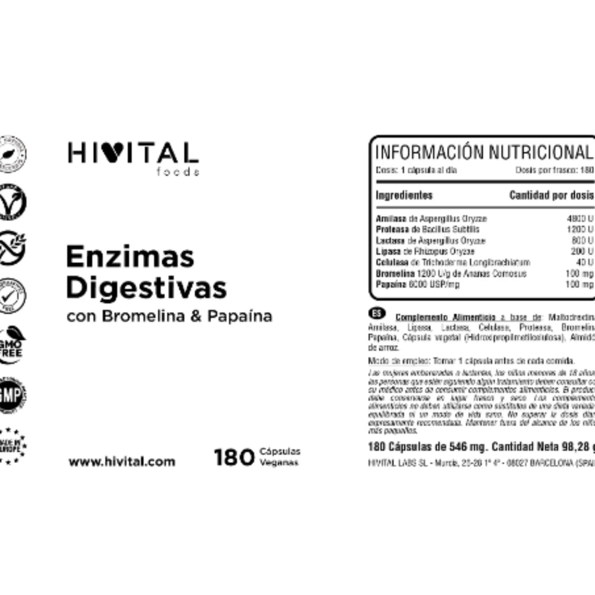 Enzimas digestivas 180 cápsulas veganas Hivital