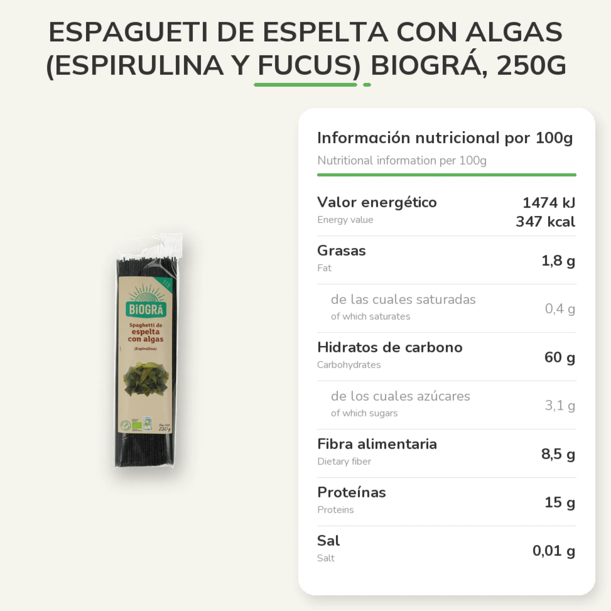 Espagueti de Espelta con Algas (Espirulina y Fucus) Biográ, 250g