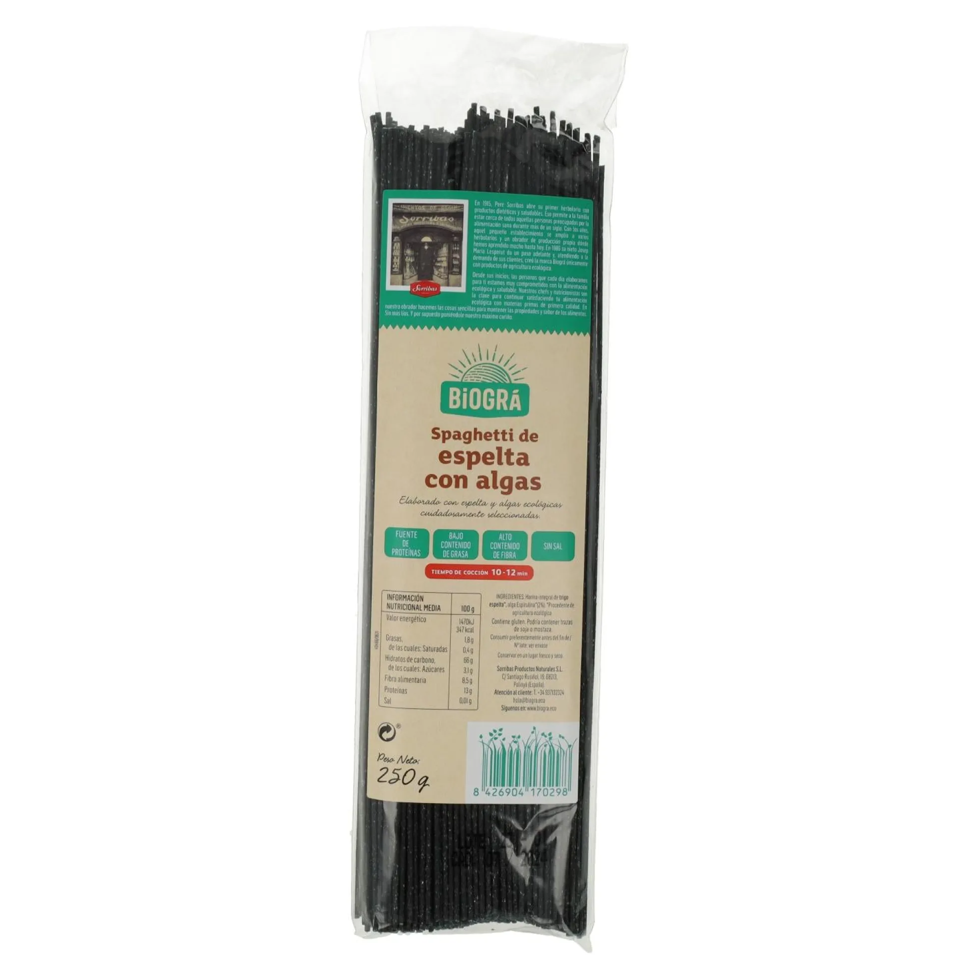 Espagueti de Espelta con Algas (Espirulina y Fucus) Biográ, 250g