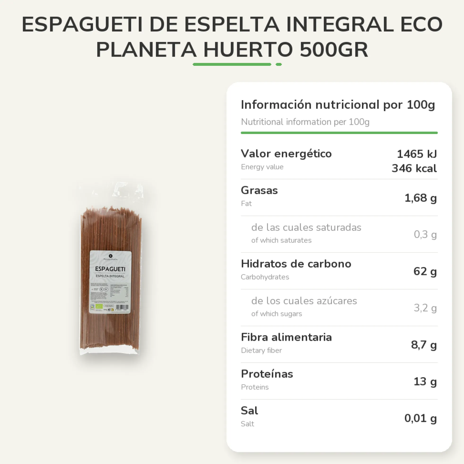 Espagueti de espelta integral ECO Planeta Huerto 500gr