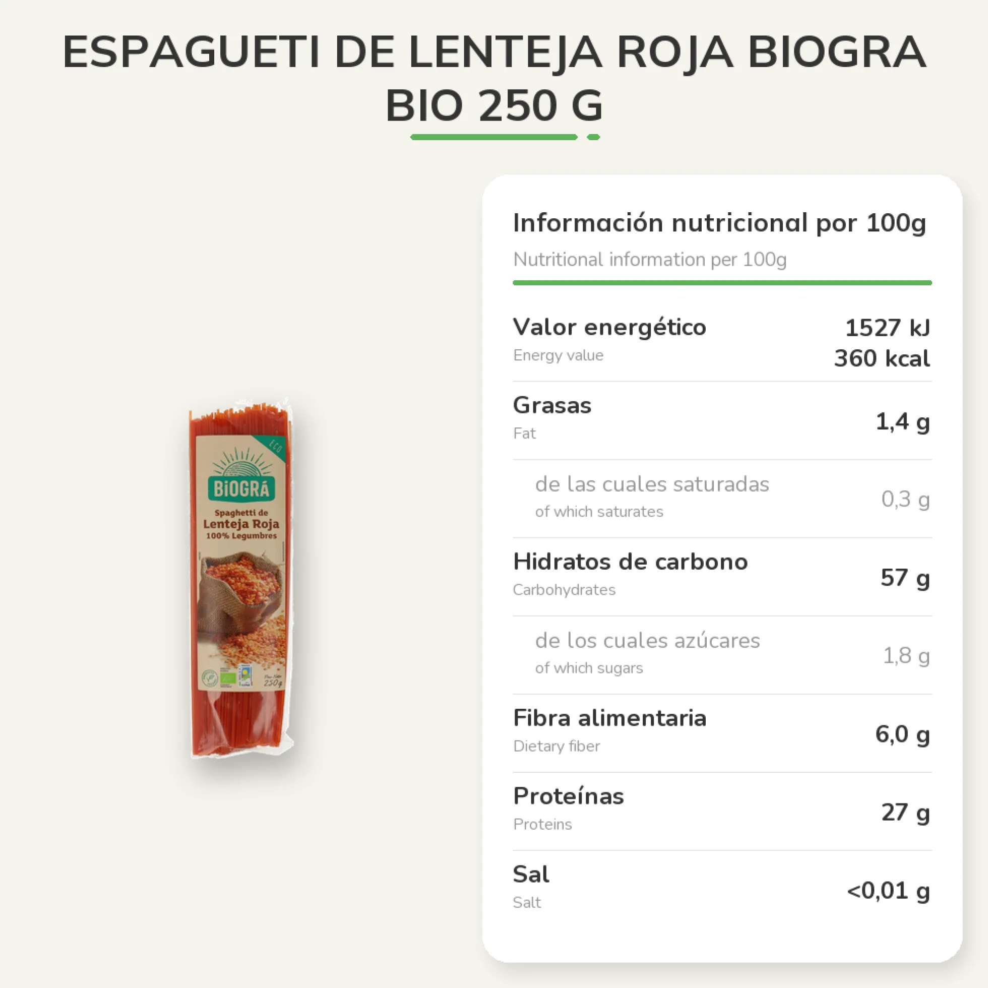 Espagueti de Lenteja Roja Biogra BIO 250 g
