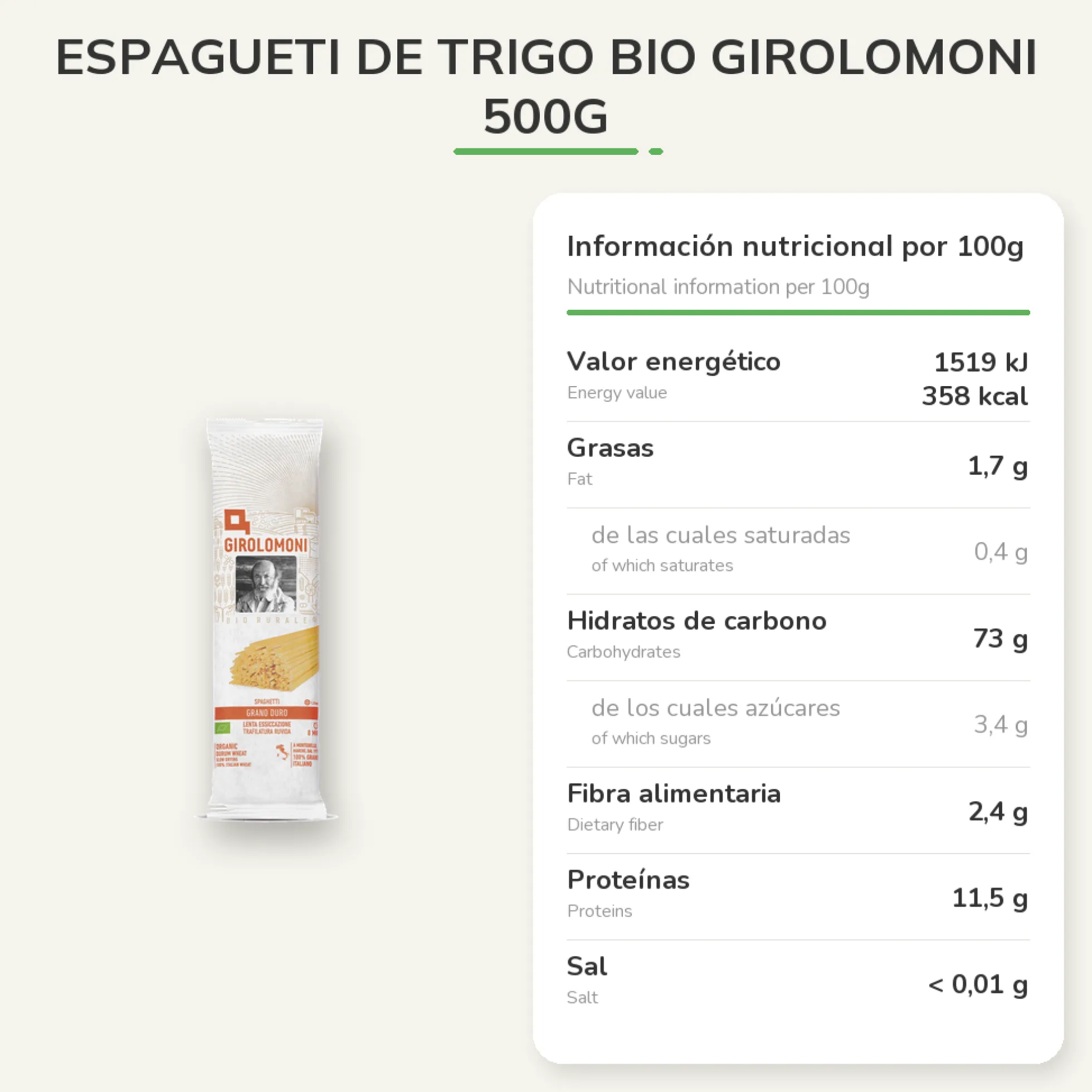 Espagueti de trigo bio Girolomoni 500g