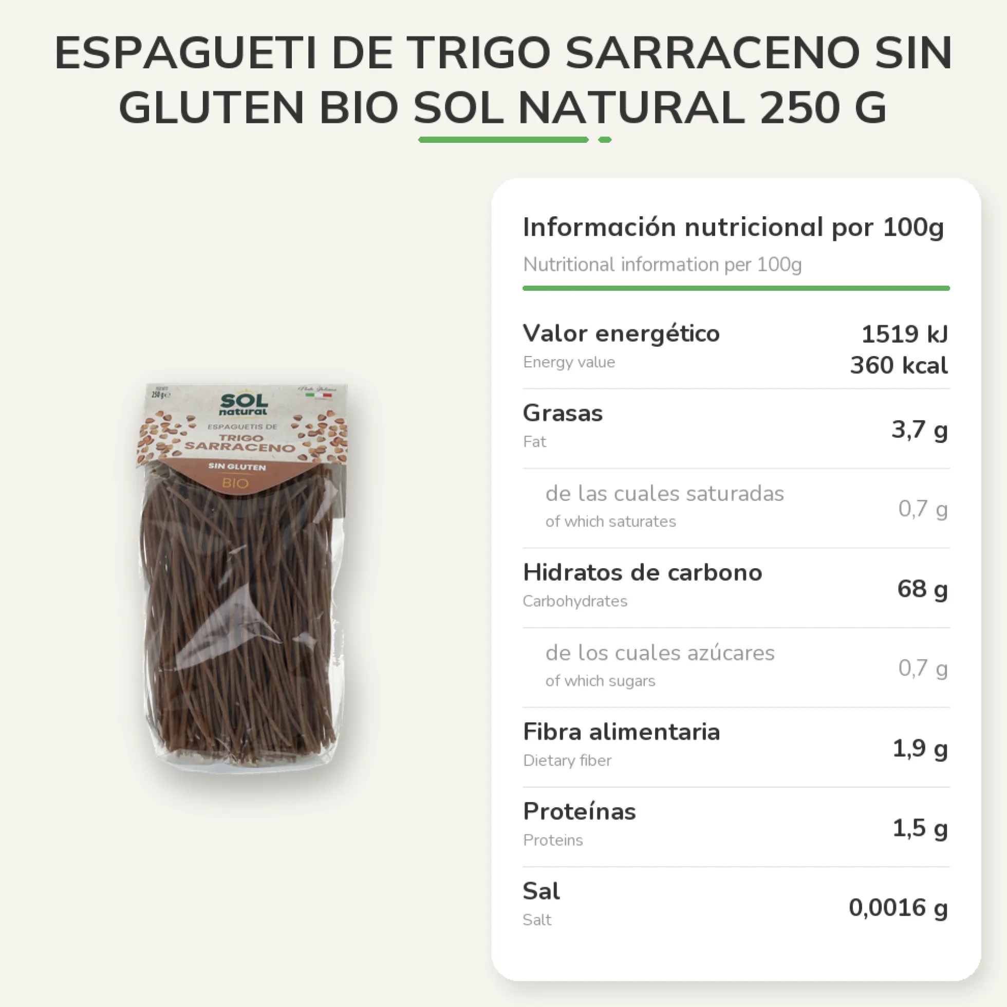 Espagueti de trigo sarraceno sin gluten bio Sol Natural 250 g
