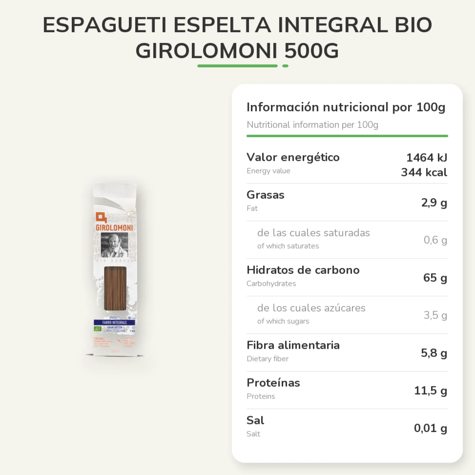 Espagueti espelta integral bio Girolomoni 500g