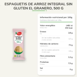 Espaguetis de Arroz Integral Sin Gluten El Granero, 500 g