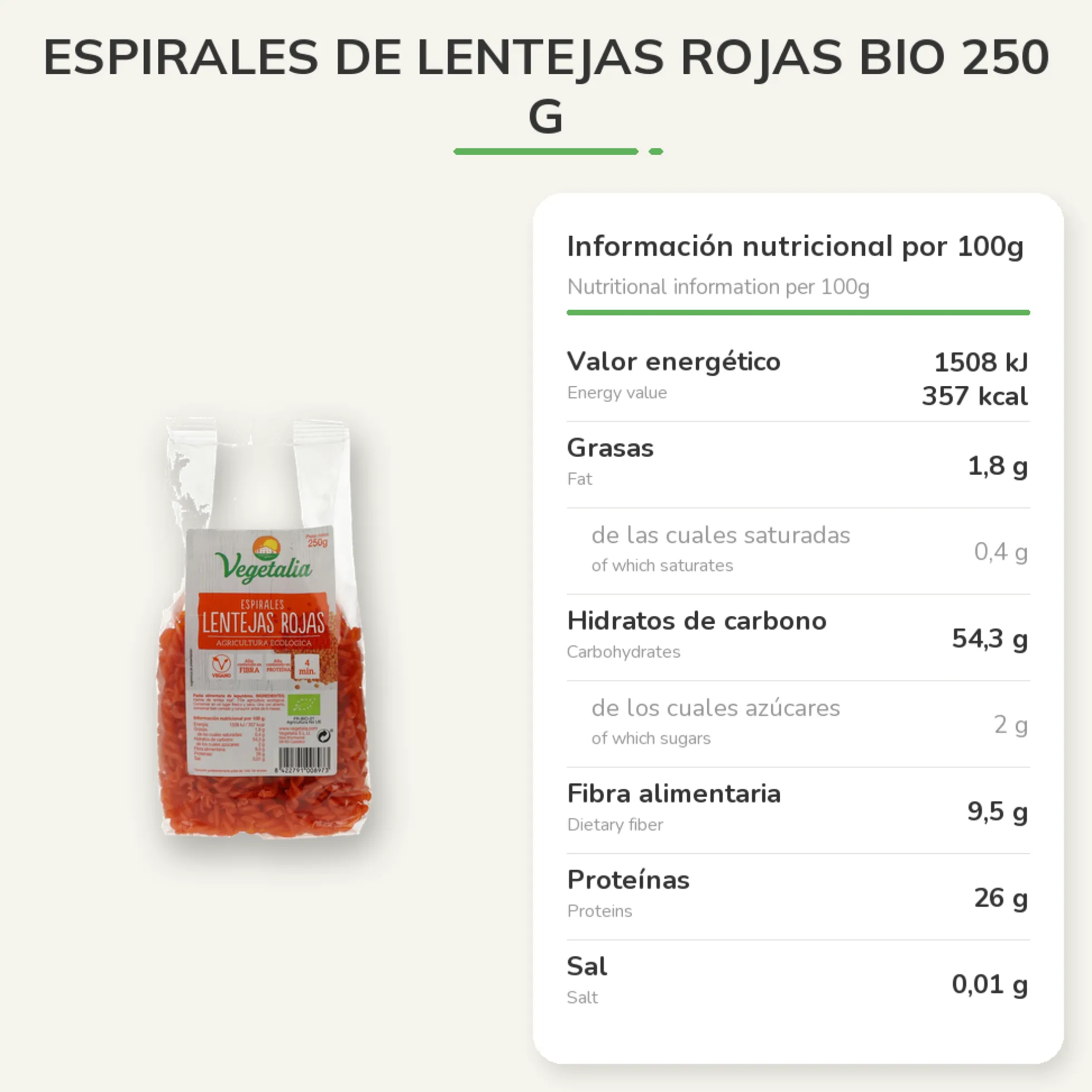 Espirales de Lentejas Rojas Bio 250 g