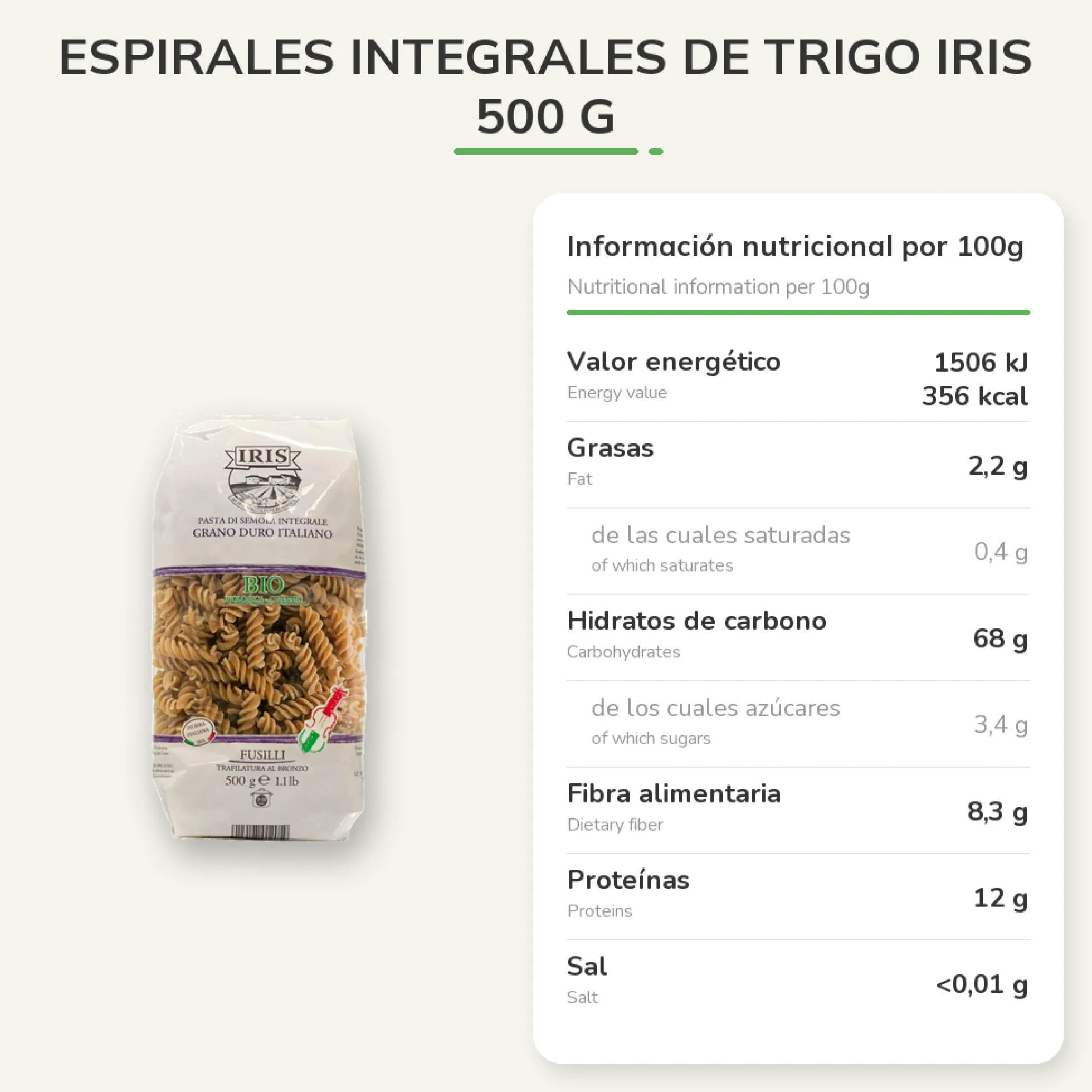 Espirales Integrales de Trigo Iris 500 g