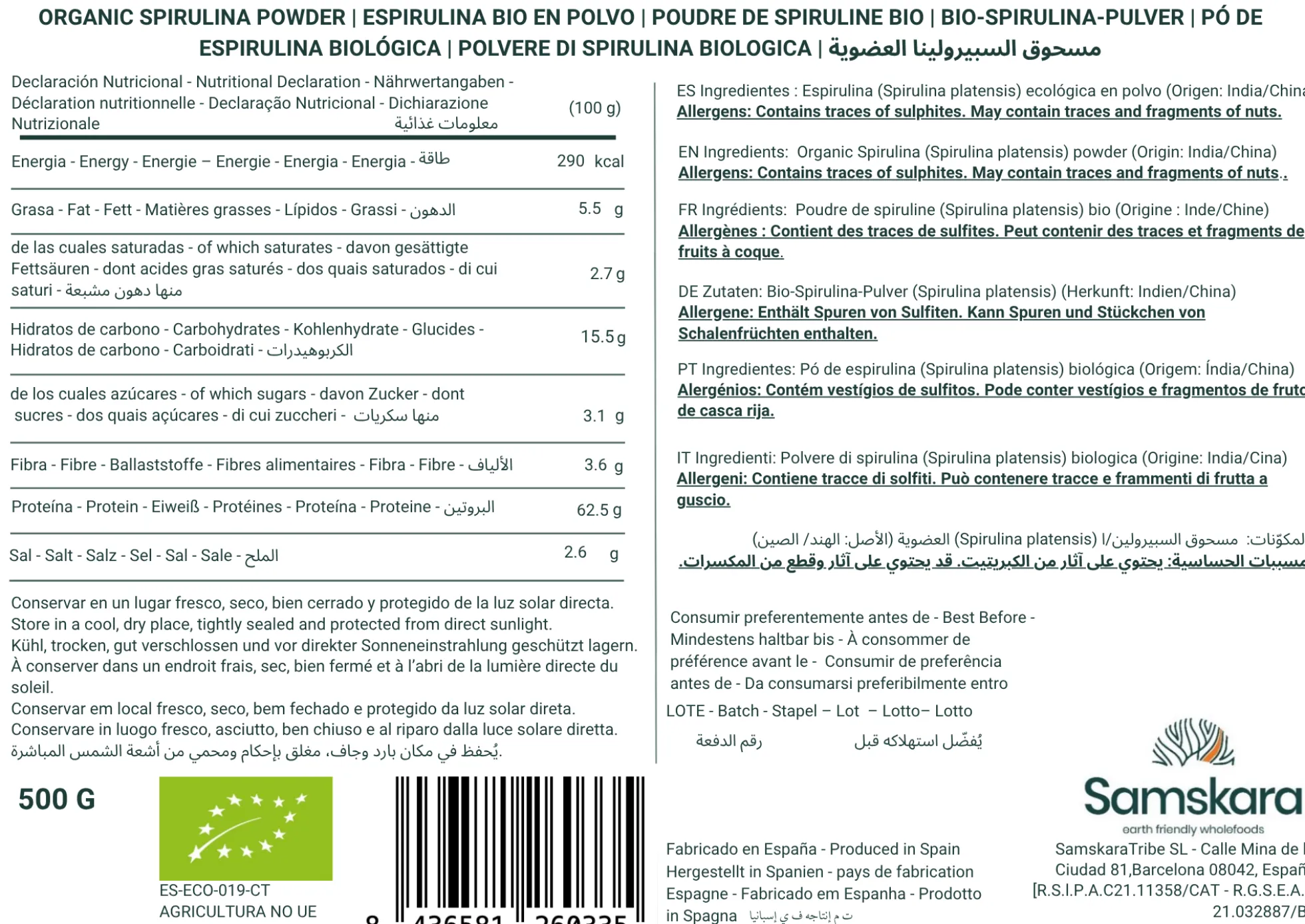 Espirulina En Polvo Bio - 500g | Superalimento Ecológico Vegano Para Batidos, Smoothies Y Zumos, Sin Azúcares Añadidos