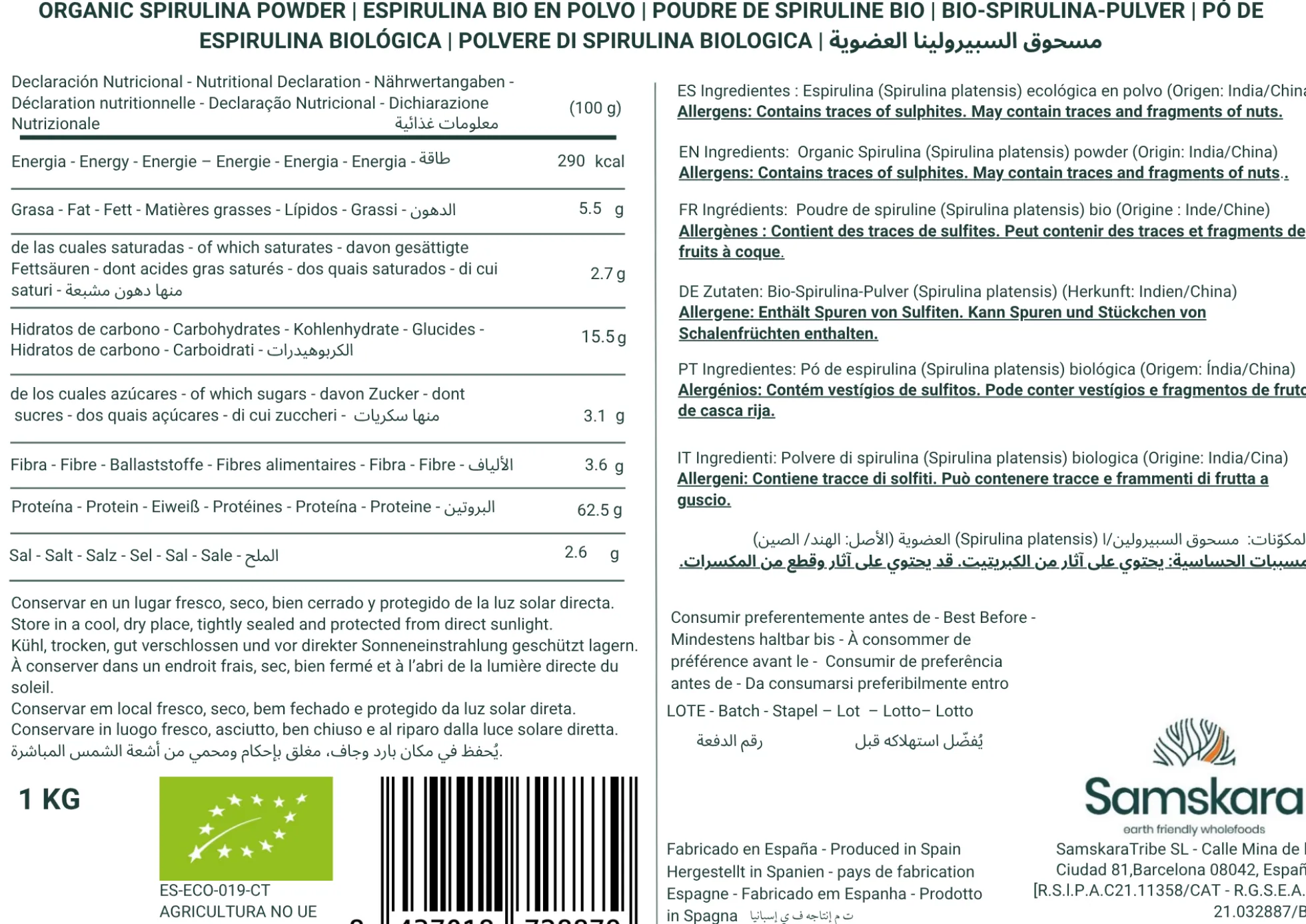 Espirulina En Polvo Bio - 1kg | Superalimento Ecológico Vegano Para Batidos, Smoothies Y Zumos, Sin Azúcares Añadidos