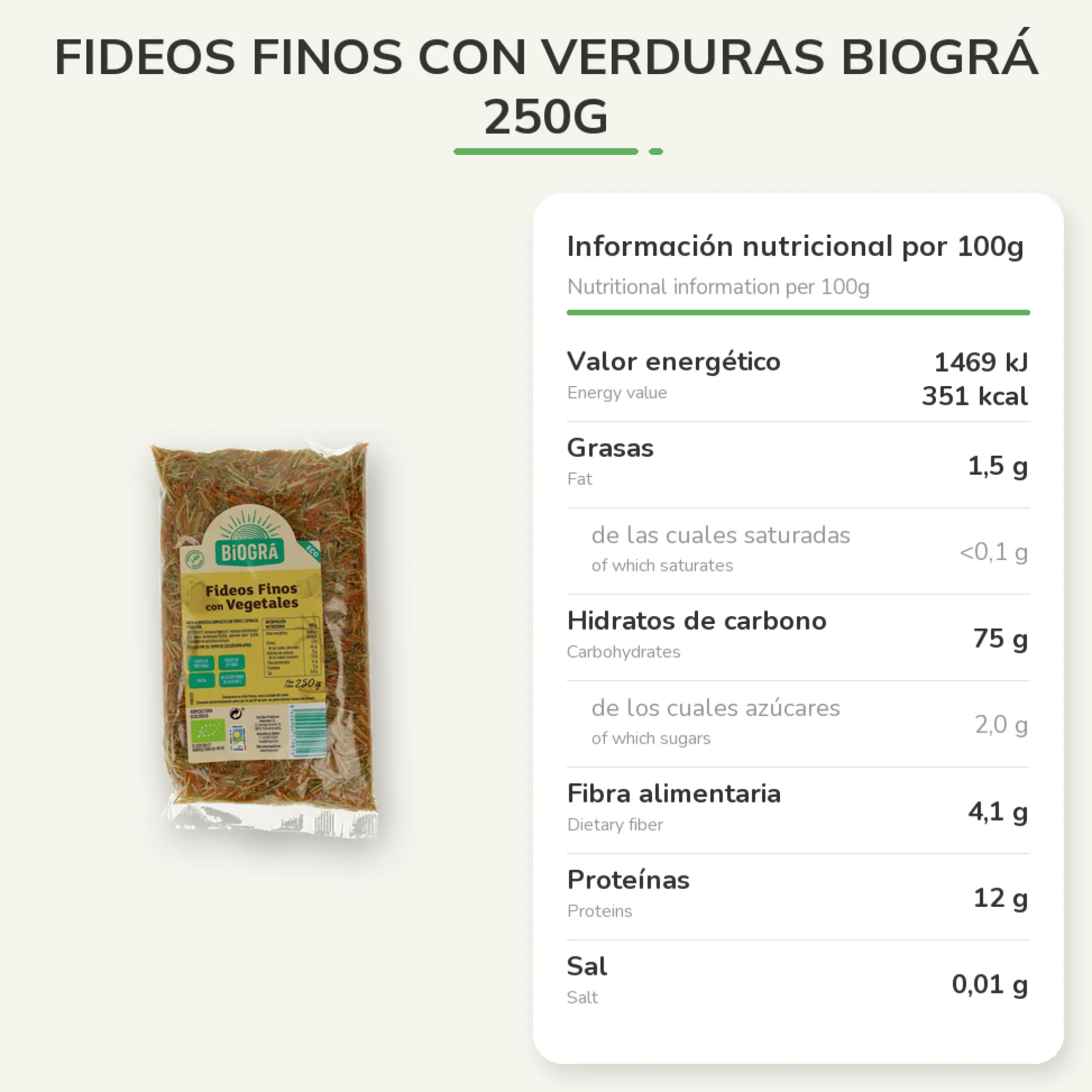 Fideos Finos con Verduras Biográ 250g