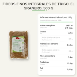 Fideos Finos Integrales de Trigo. El Granero. 500 g