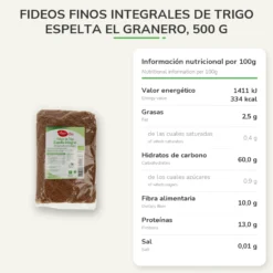 Fideos Finos Integrales de Trigo Espelta El Granero, 500 g
