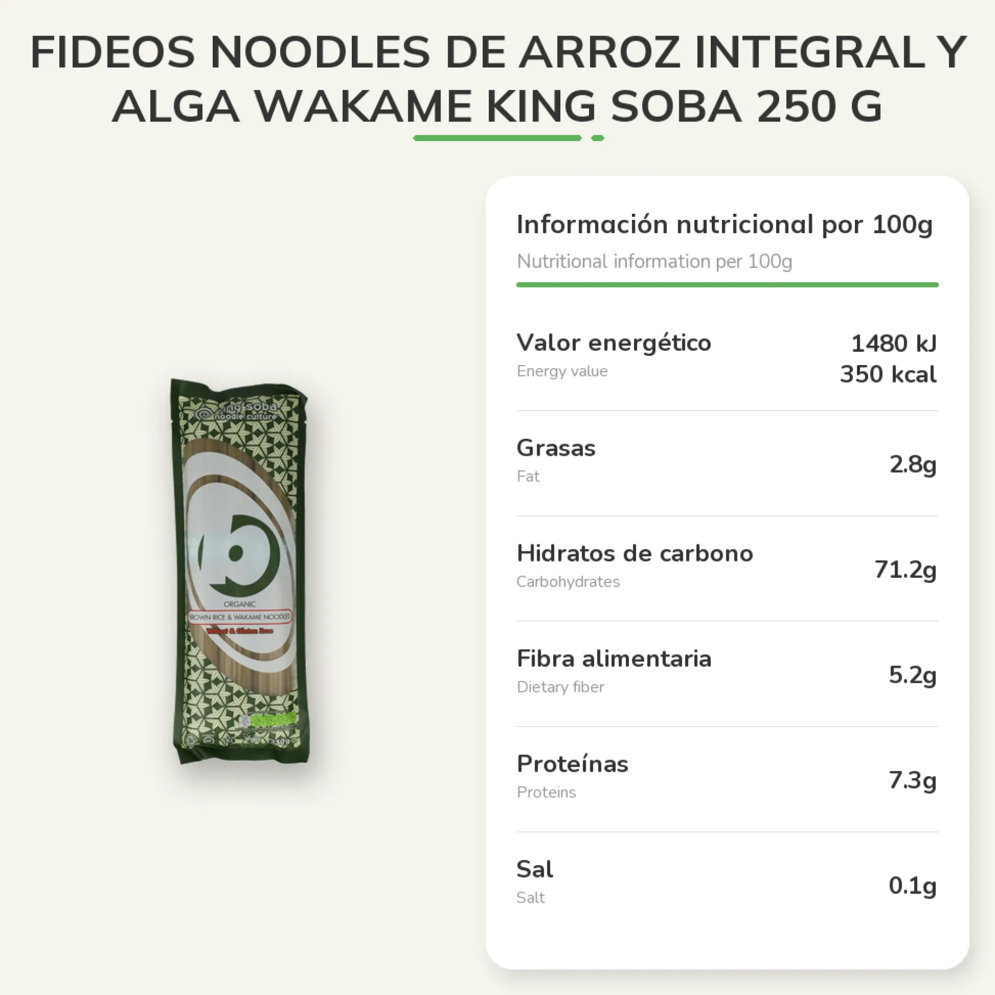 Fideos Noodles de Arroz integral y Alga Wakame King Soba 250 g